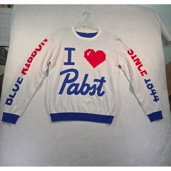 Pabst Blue Ribbon Beer Sweater Pullover Men's Oversized Medium I Love Pabst Xmas - Picture 1 of 10